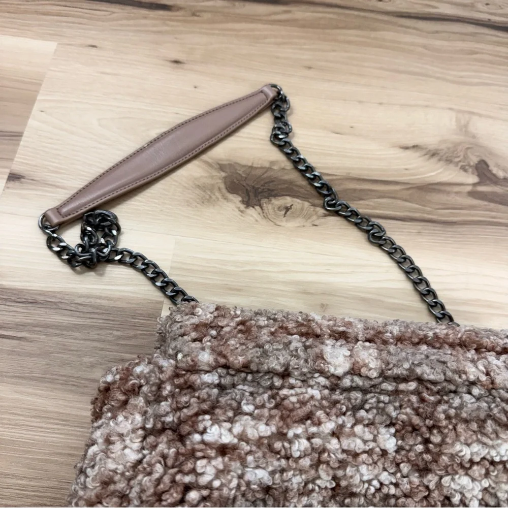Zara Faux Fur Checkered Textured Brown Sherpa Women's Bag